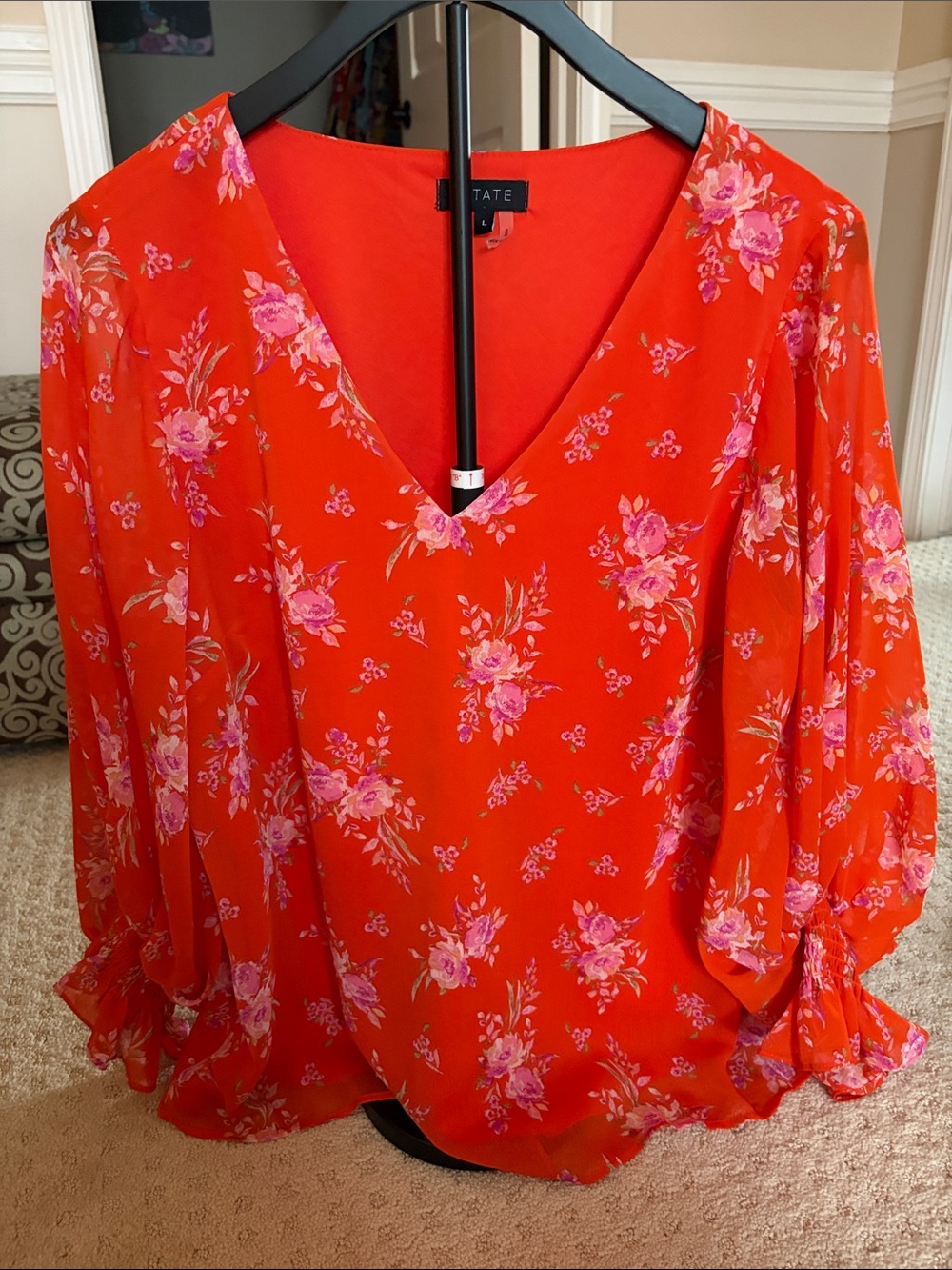 1State Red Floral V-Neck Blouse with Pink Accents